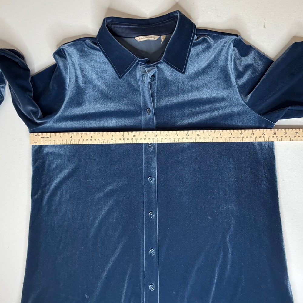 Soft Surroundings Blue Velvet Button Down Shirt Large Holiday Quiet Luxury Comfy - Picture 9 of 9